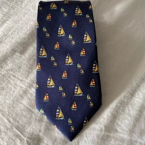 SILK men’s Necktie 100% Silk Navy Blue Multi Color Sailboats Preppy Coastal 4”